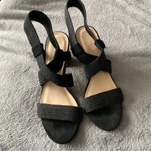Chunky Black Heel Platform Woven Strappy Wedges Faux Wood